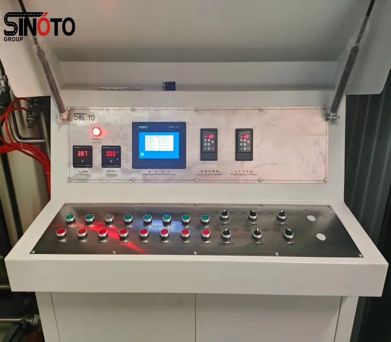 A digital PLC touchscreen control panel inside a SINOTO bitumen emulsion plant showing real-time production data and flow diagrams.