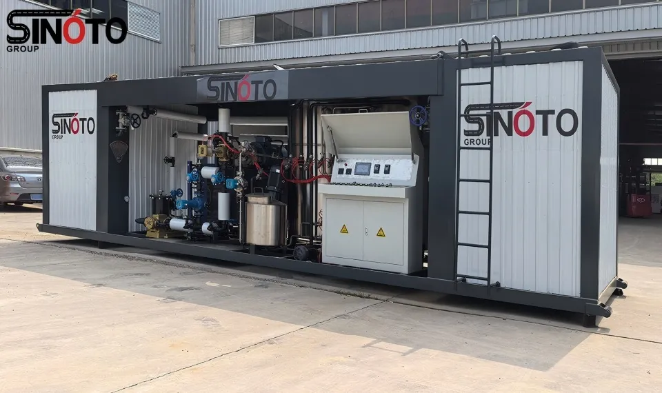 A complete, full-view photograph of a containerized SINOTO bitumen emulsion plant including all modular components and piping systems.